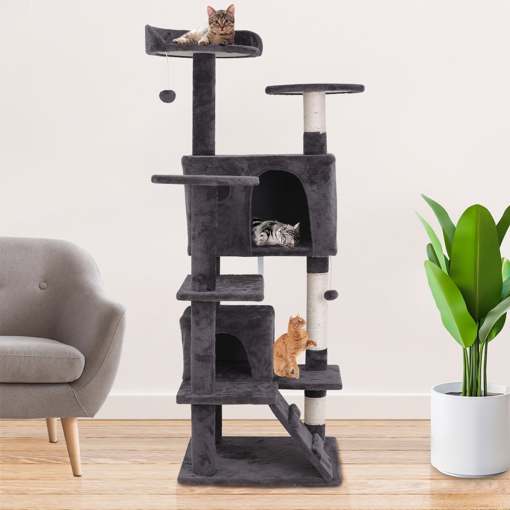 55'' Cat Tree Cat Tower Scratching Post Kitten Activity Center Safety Dark Grey