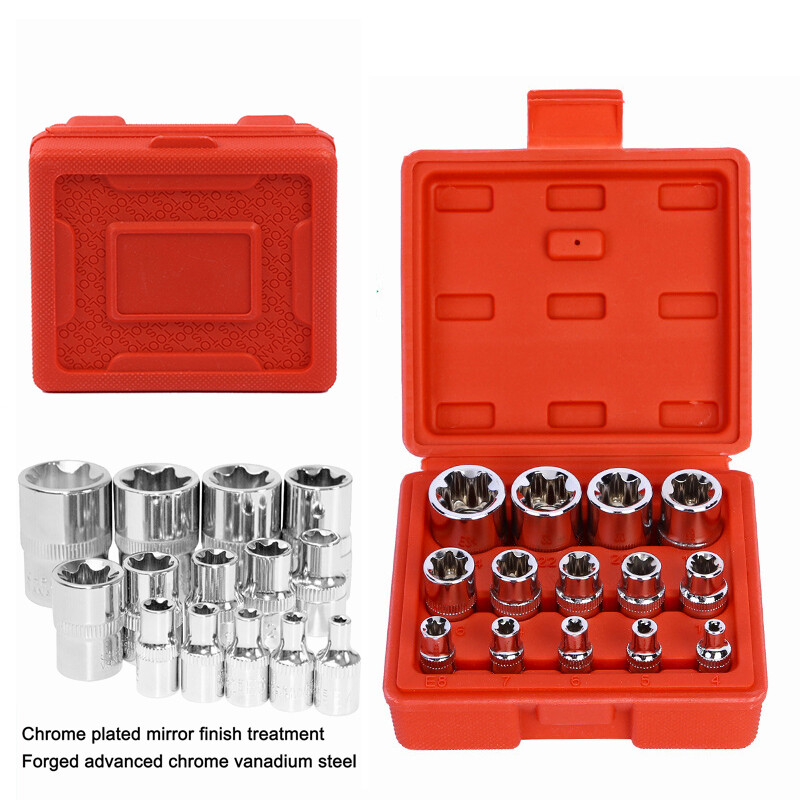 14 PC E Torx Star Female Bit Socket Set 1/2"/3/8"/1/4" Drive E4 -E24