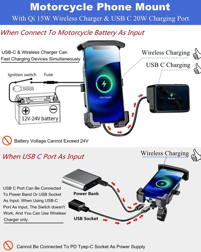 Waterproof Motorcycle Phone Mount Wireless USB Charging Auto Lock /Quick Release