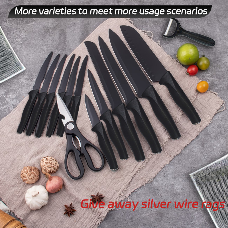16 Pieces Professional Black Coding Kitchen Knife Block Set with Non-slip Handle