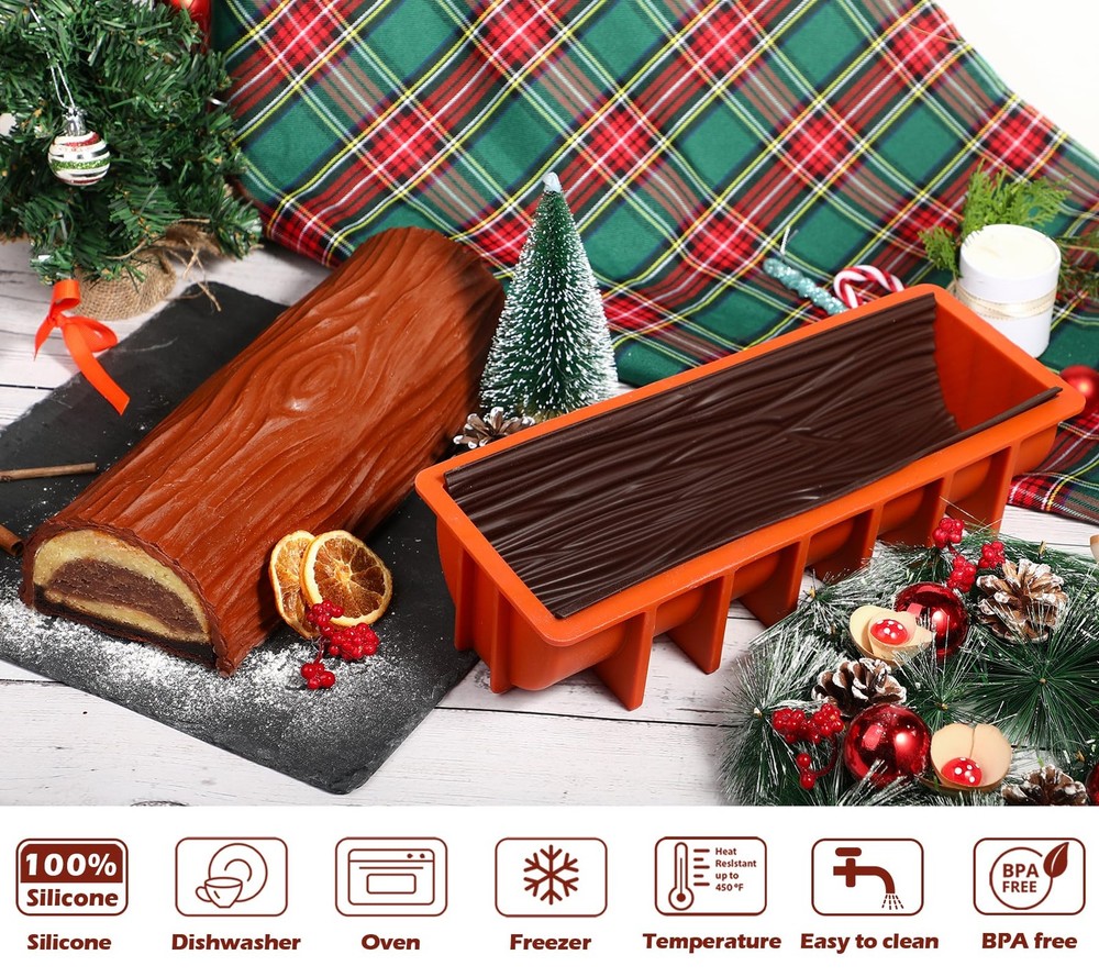 Webake Yule Log Cake Pan Silicone Mold with 2 Bark Log,