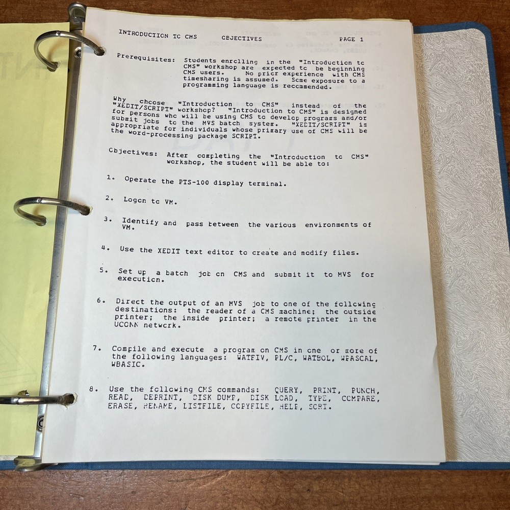 Vintage 1983 IBM BASIC CMS UCONN Course Training Binder VM MVS XEDIT Manual