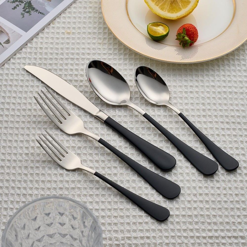 20 Piece Black 18/0 Flatware Utensil Set for 4, Include Dinner Knife,Dinner F...