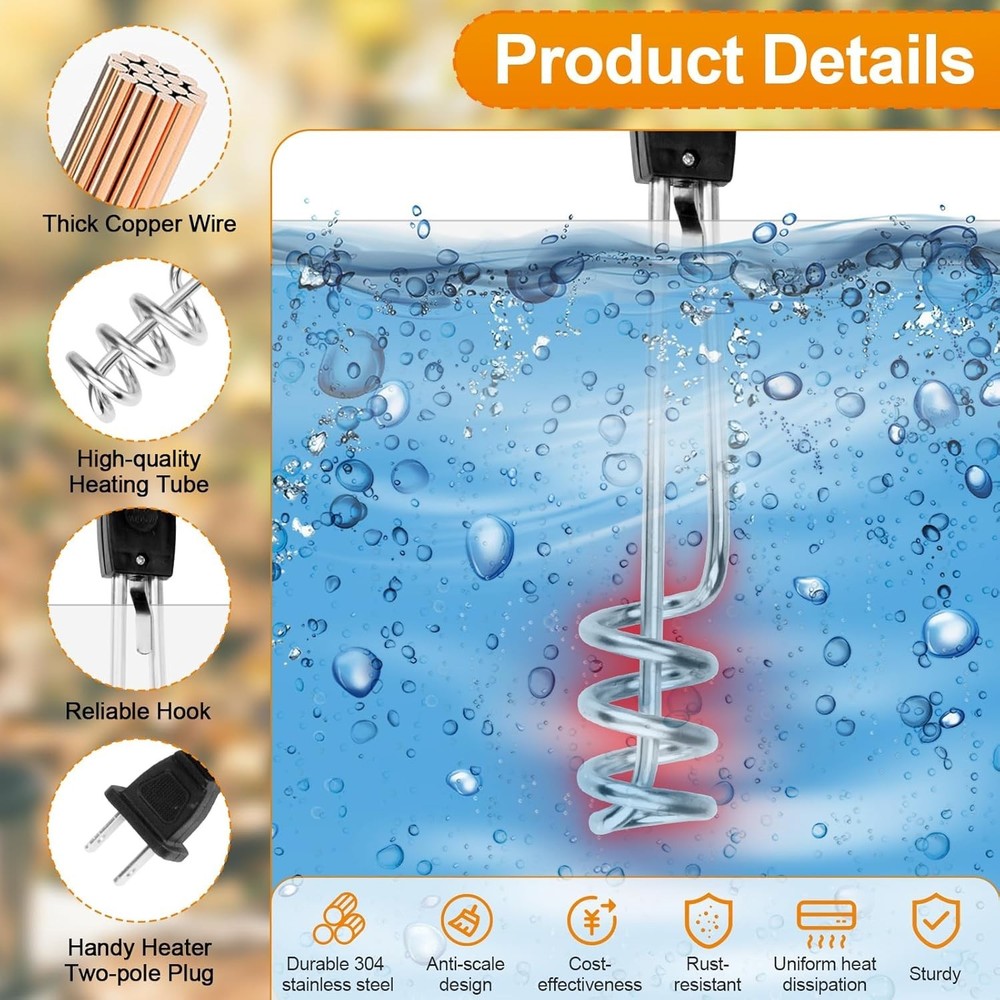 Calentador de Agua Portatil 1000W 110V Resistencia Sumergible para Viaje y Hogar