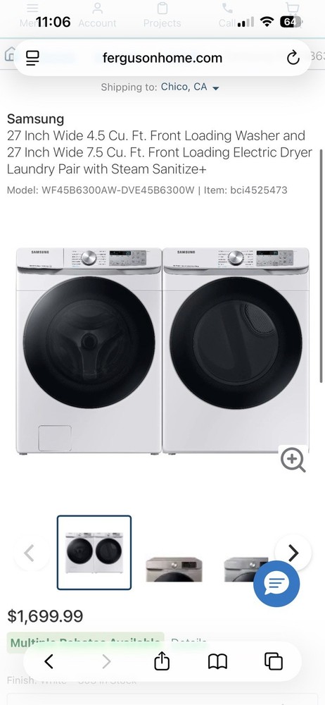 Samsung 27" Front Load Washer/Dryer Set 4.5/7.5 cu ft SmartThings White