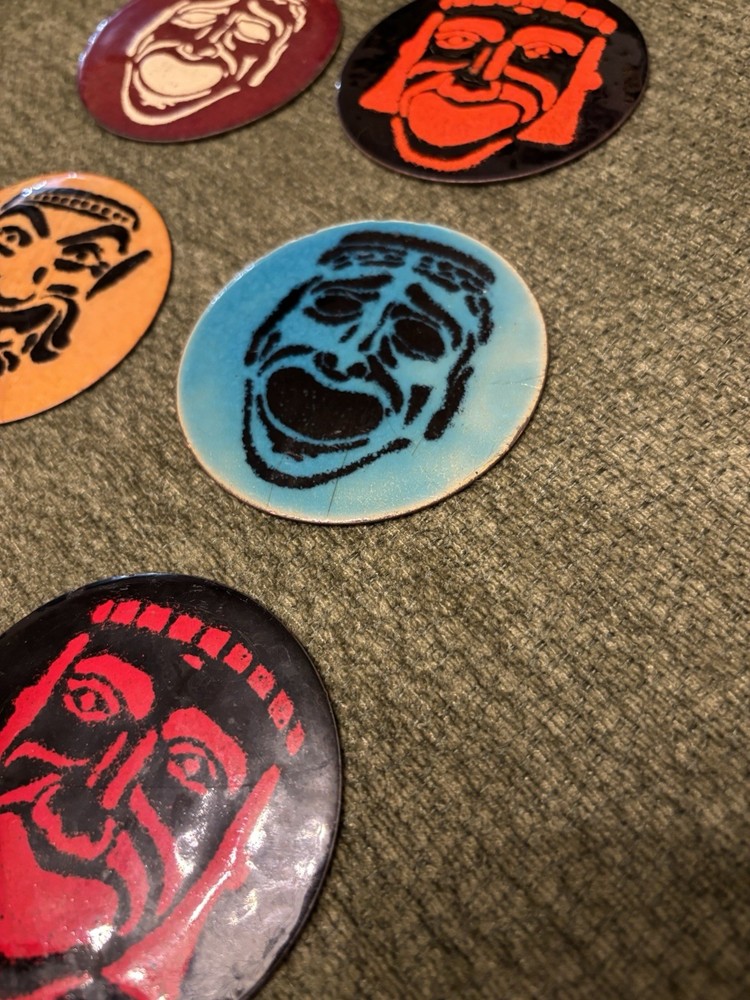 Six Vintage Enameled Copper Coasters~Unique