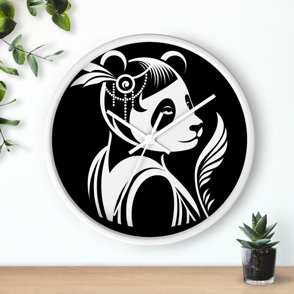 Home Decor Wall Clock Art Deco Stylized Panda Illustration Black White Classy