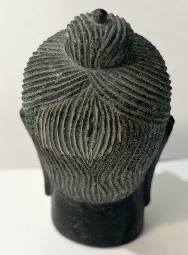 Old Handcrafted Black Stone Buddha Face Head Sculpture Statue