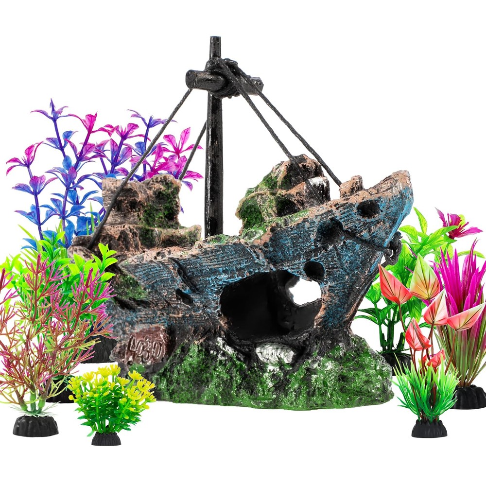 Xereooe 8Pcs Fish Tank Decorations Set Sunken Ship Multicolored
