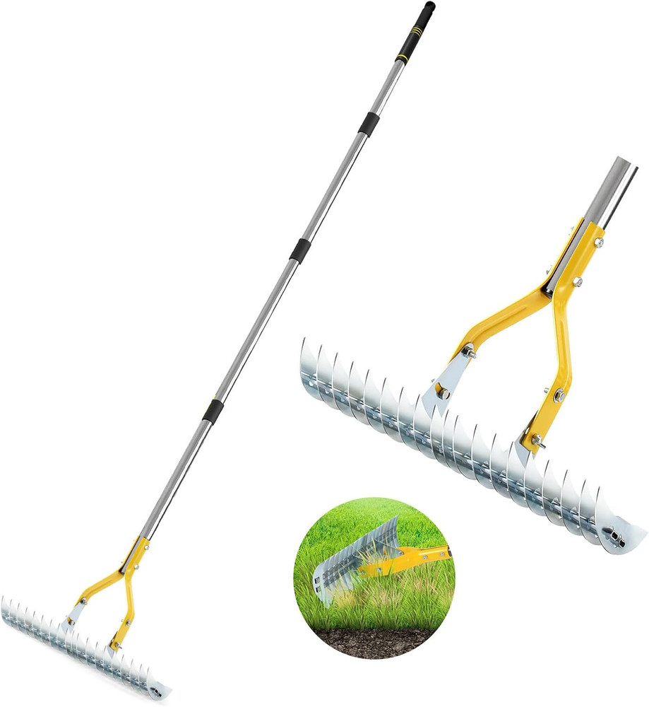 Thatch Rake, 15-Inch Steel Lawn Dethatcher Rake with Handle, Heavy Duty Grass Cl
