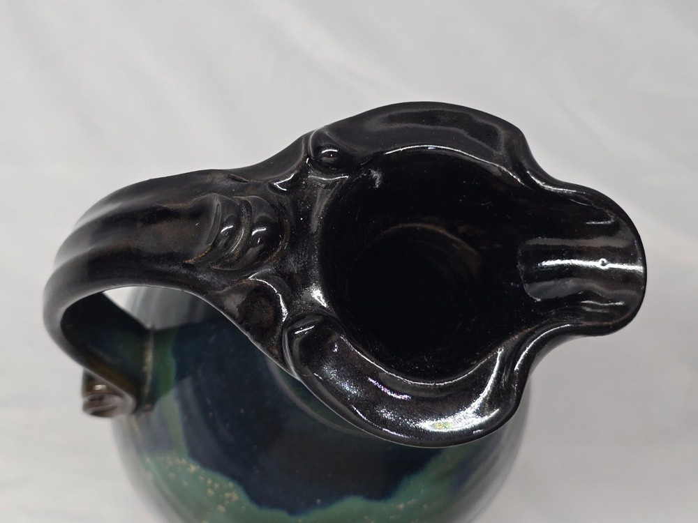 Teal Swirl Mottled Pottery Pitcher Jug 10" Unknown Maker
