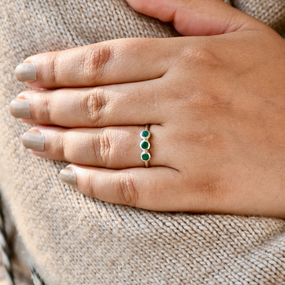 Ring Silver 925 Emerald Stackable Sterling Solid Gemstone Genuine Band Jewelry