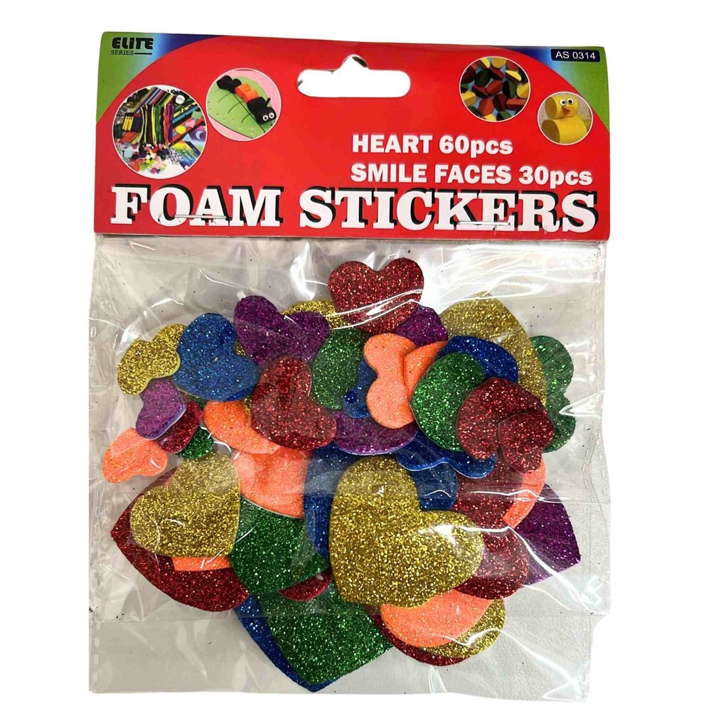 3 Sizes Glitter Foam Heart Stickers: 60 Pack