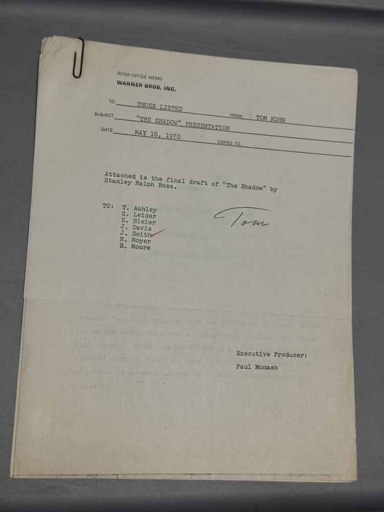 DC THE SHADOW SCRIPT & TREATMENT ORIGINAL TYPED 1970-71 UNPRODUCED TV PROJECT