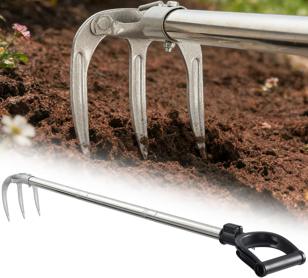 Long Handle Hand Rake Garden Tool, 62" Stand up Weeding Rake with D-Grip, Heavy