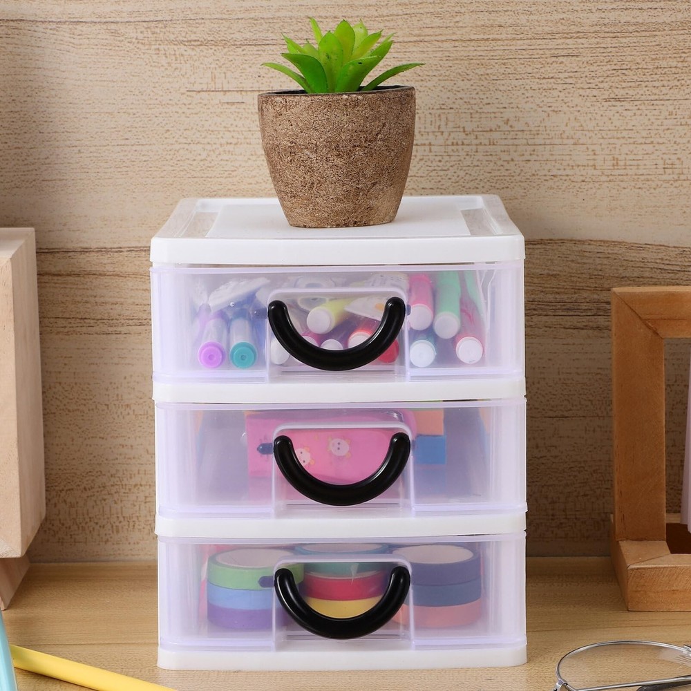 Small Drawer Organizer 3-Drawer Desktop Organizer Plastic Stackable Storage D...
