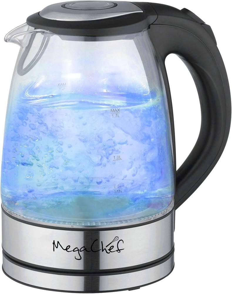 Megachef Stainless Steel Light Up Tea Kettle, 1.7L, Clear Glass, Fast Boil