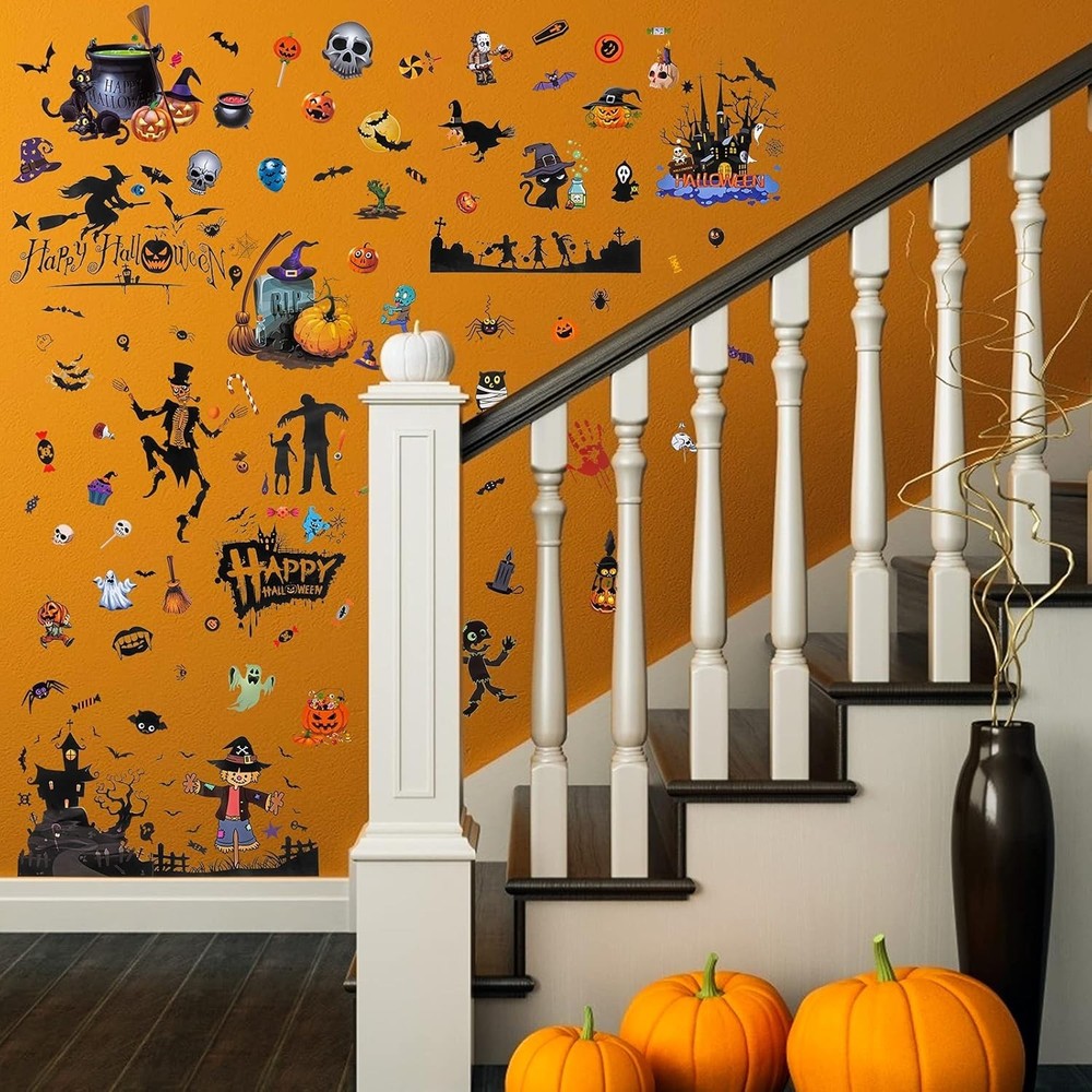 OLEDANK HALLOWEEN WINDOW CLINGS – 9 SHEETS – PUMPKIN, GHOST, SKULL DECOR - NEW