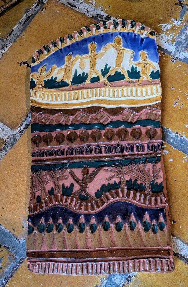 Handmade Ceramic Studio Test Tile – Folk Art Relief Design, Multi-Color Glaze...