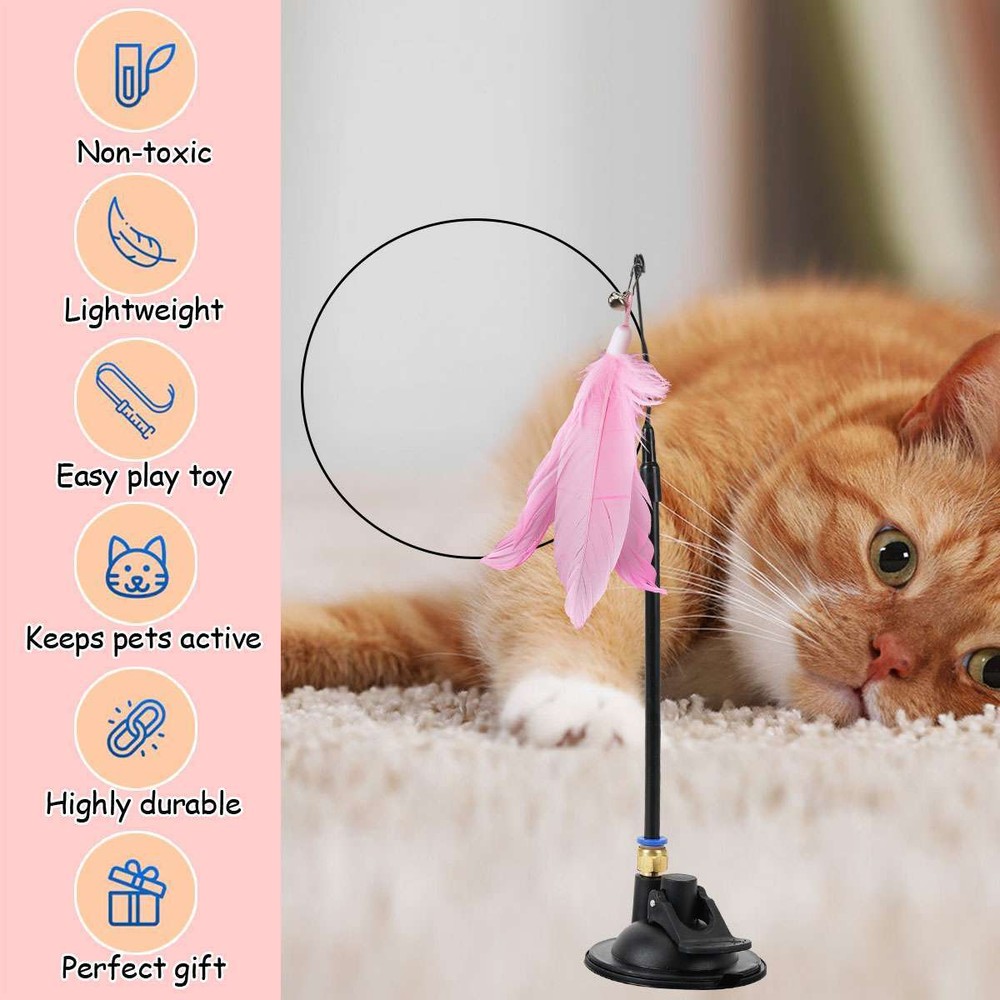 Teaser Wand Toy with Suction Cup Base Feather Bells Cat Teaser Interactive Pet