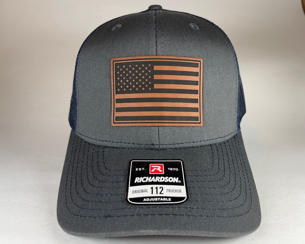 Richardson 112 American Flag 6 Panel Snapback Trucker Mesh Hat Faux Leather
