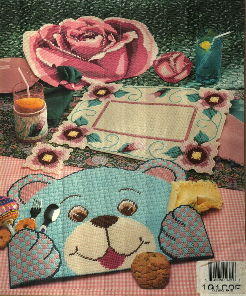 PLACAMATS & COASTERS 5 SETS BEAR ROSE COW WATERMELON PLASTIC CANVAS PATTERN BOOK