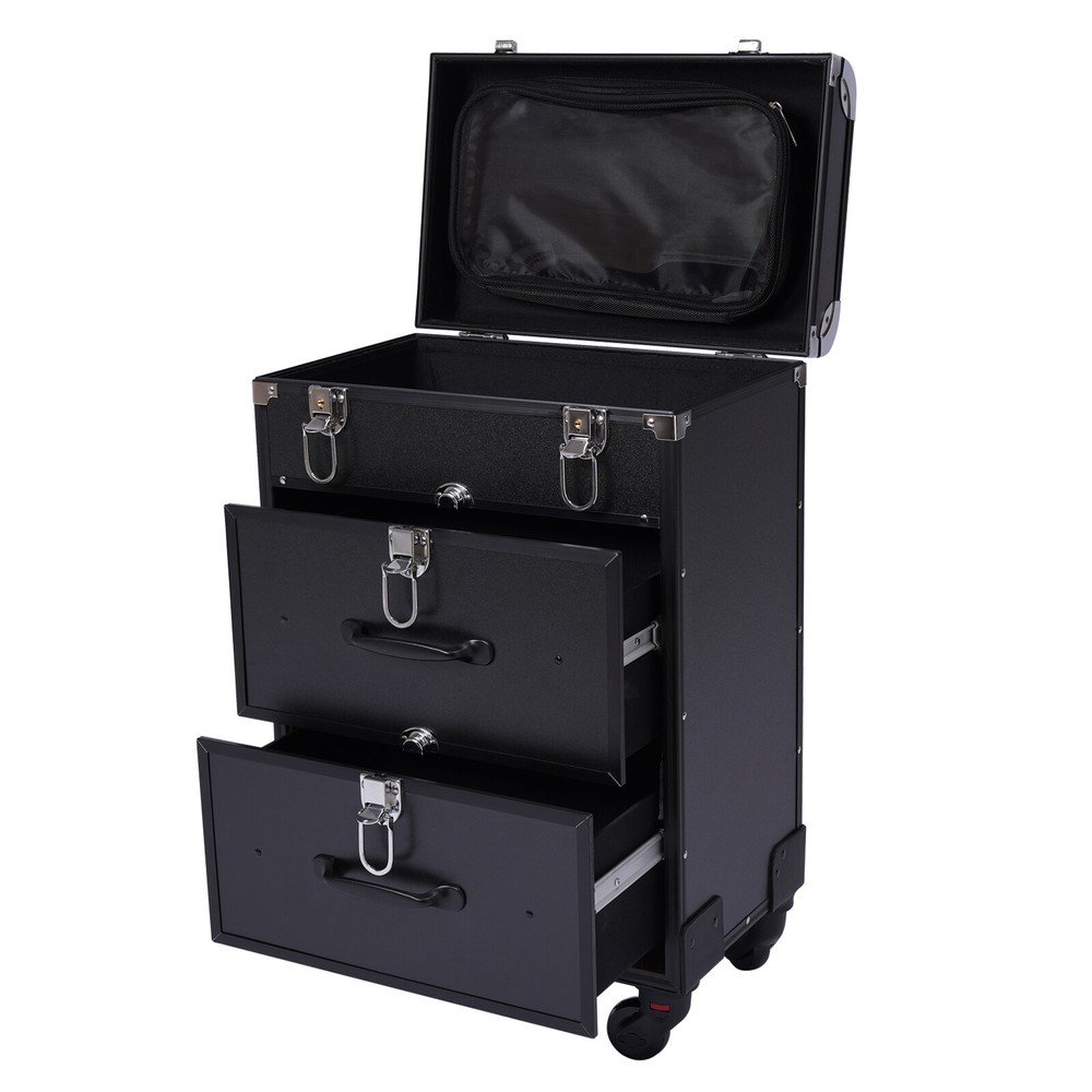 Makeup Train Case Professional Rolling Cosmetic Trolley Makeup Storage Aluminum