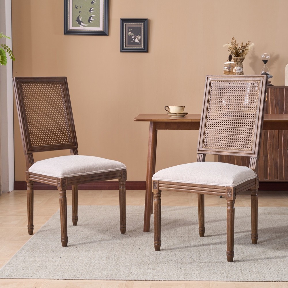 Set of 2 Rustic Upholstered Dining Chairs with Rattan Back & Solid Wood Frame