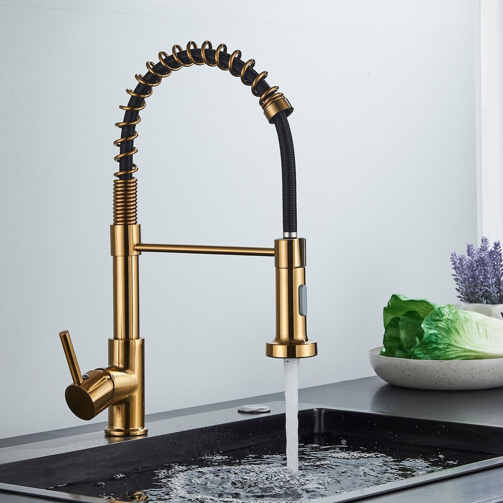 Brushed Gold Kitchen Faucet 360° Single Handle Sink Mixer Taps Pull Down Sprayer