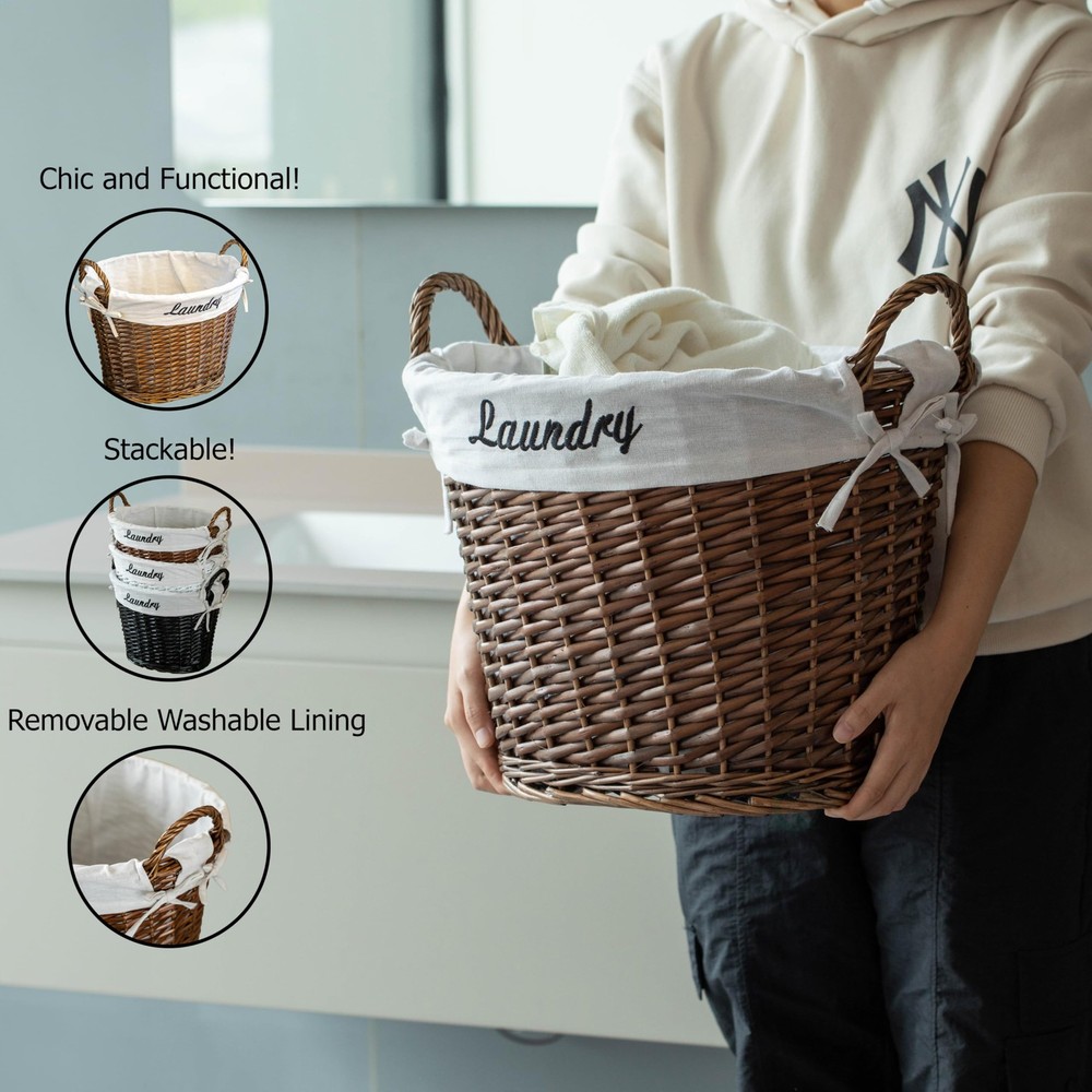 Handwoven Laundry Basket with Liner & Handles - Boho Decorative Storage Hampe...