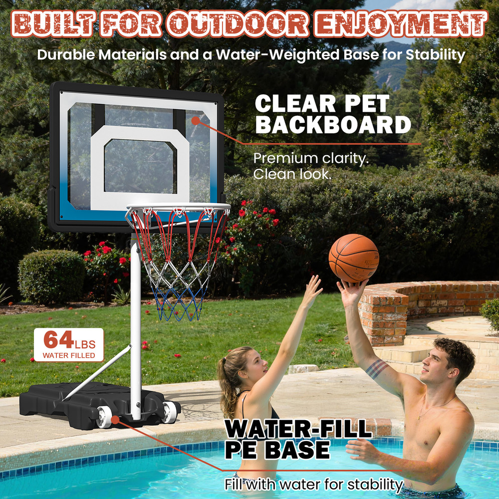 Adjustable Pool Basketball Hoop, Portable with Wheels, Includes Ball & Pump