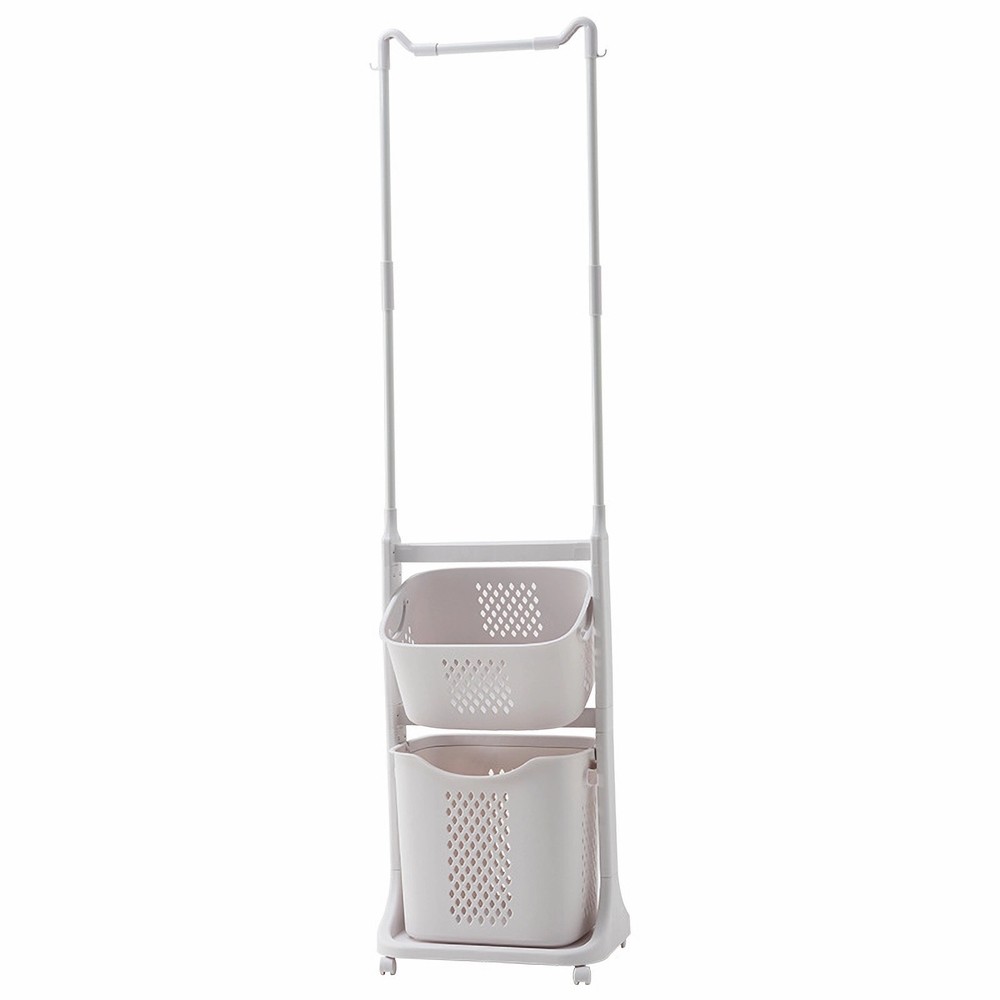 2-Tier Hamper Sorter with Wheels, Hanging Bar & Stackable Baskets