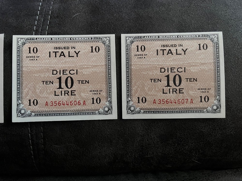 Three Consecutive Serial # 1943 A Italy 10 Lire P M19 Uncirculated