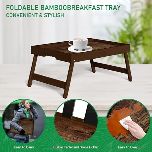 Bamboo Breakfast Tray with Foldable Legs & Detachable Stand | Ergonomic Handle