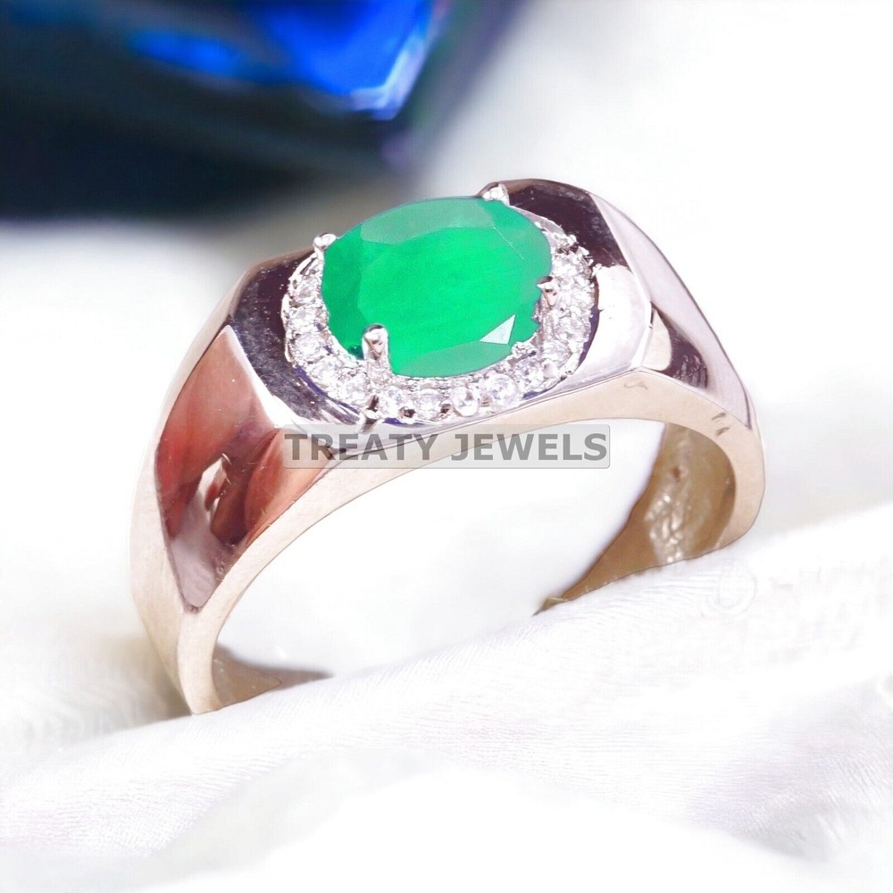 Emerald Oval Cut Gemstone With 14K Solid White Gold Ring For Men's #A298