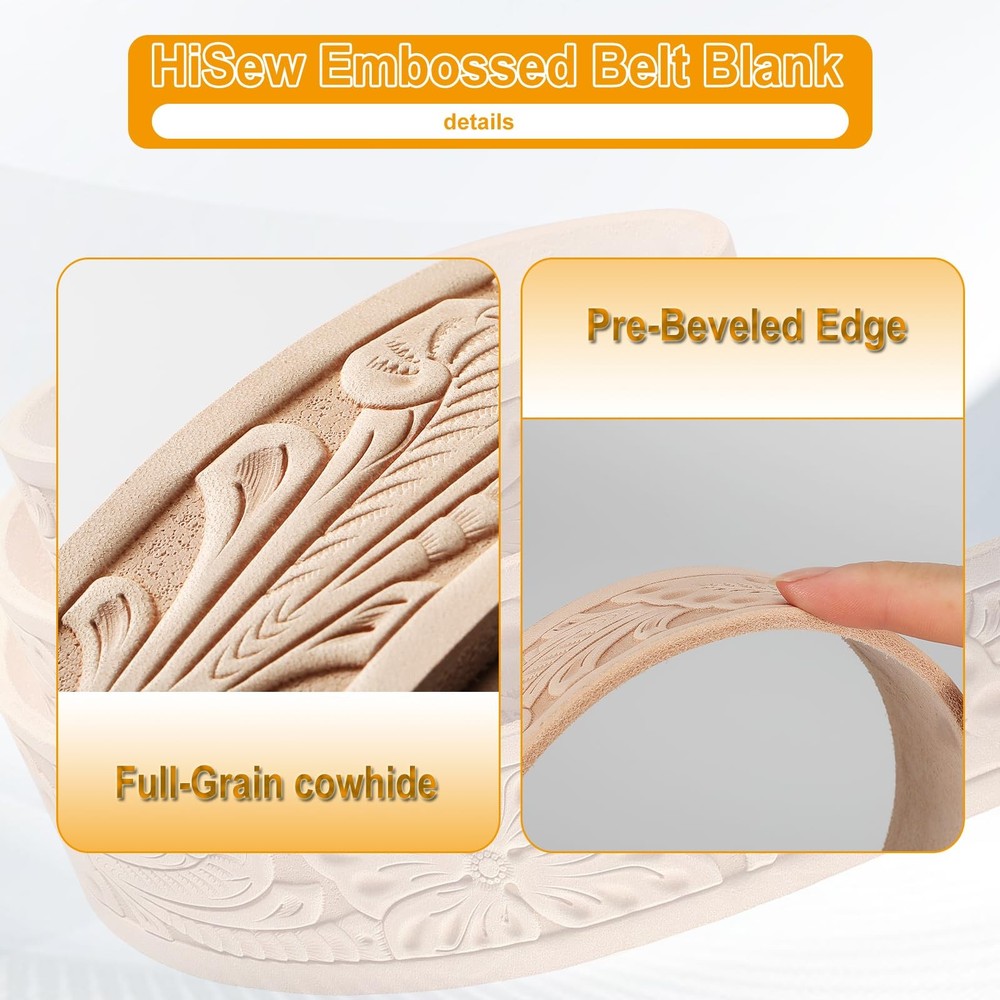 Leather Strap Blank for Belt Crafting, Cowhide, Pre-Embossed Patterns, Pre-Be...