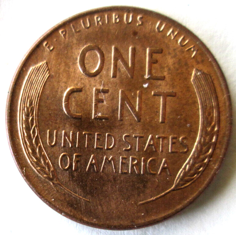 1957-D WHEAT, REVERSE DIE CRACK ERROR BOTTOM LEFT STALK, MS++, RED, CIRCULATED