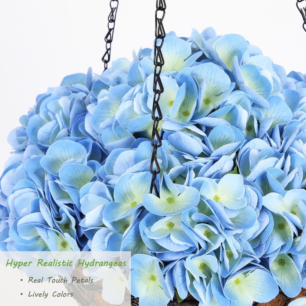2 Pack Hanging Blue Hydrangea Artificial Flowers with 11in Basket, Outdoor Fa...