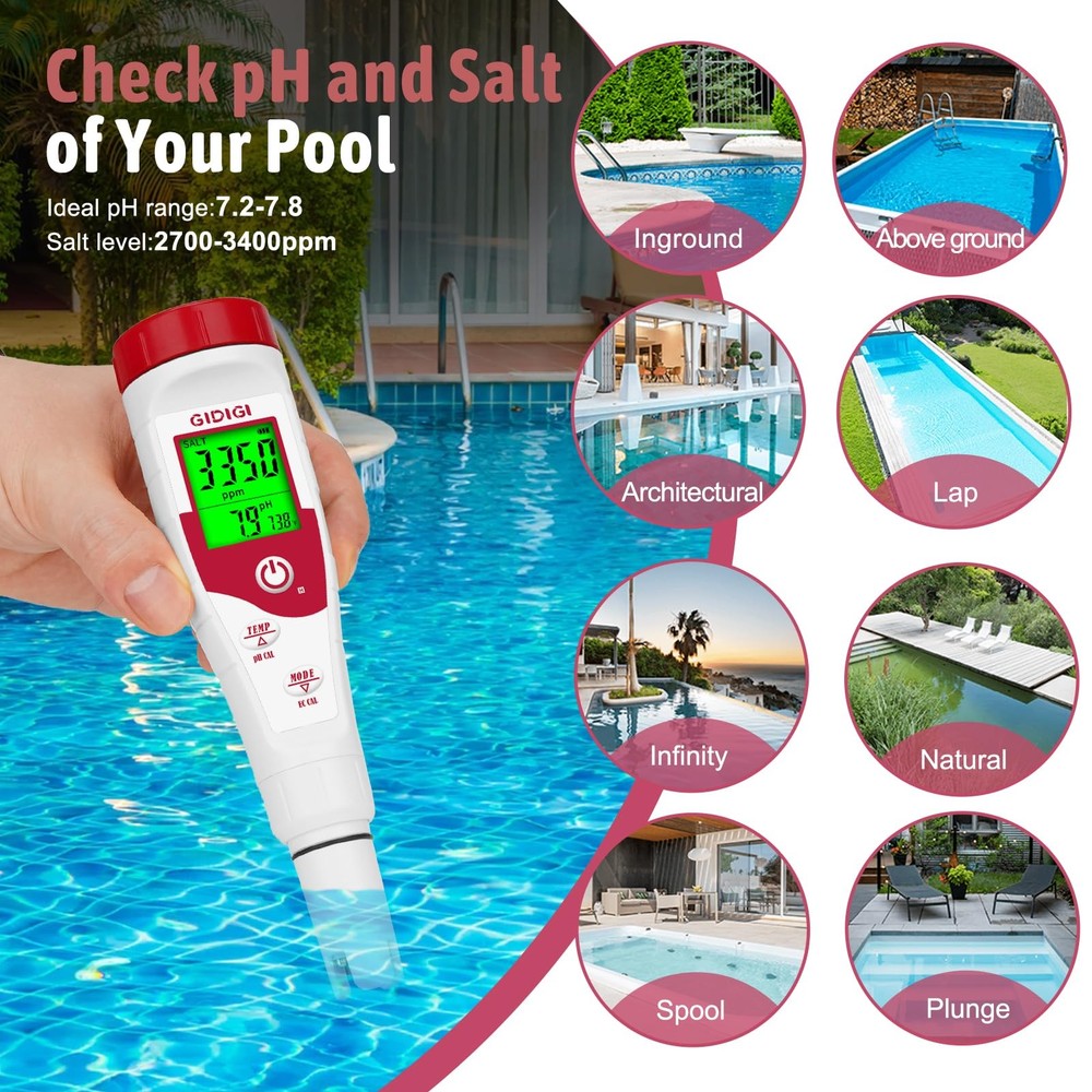 Pool Salt Tester pH Meter New Update Digital pH Tester Salinity Meter with Mu...