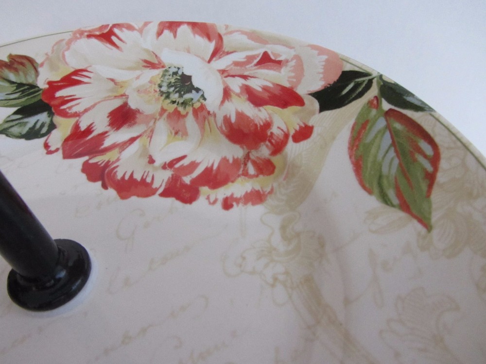 222 FIFTH RAWLINGS 2 Tier Round Fruit Appetizer Tray Server FLORAL & SCRIPT NEW