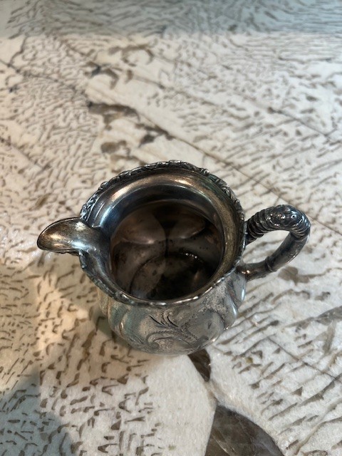 Antique Silver Plated Creamer Pitcher with Floral Etching