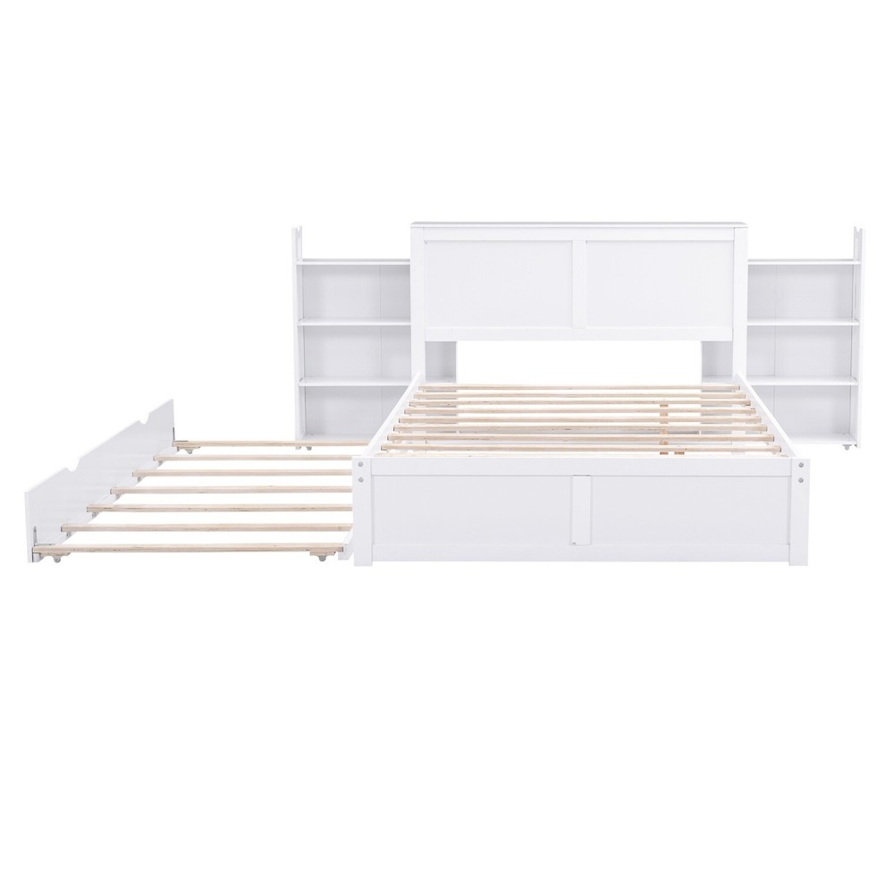 Full/Queen Size Bed Frame Wood Platform Bed w/ Trundle & Pull Out Shelves White