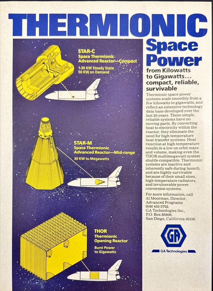 GA Technologies Thermionic Reactor Space Shuttle Vintage Magazine Ad 1986