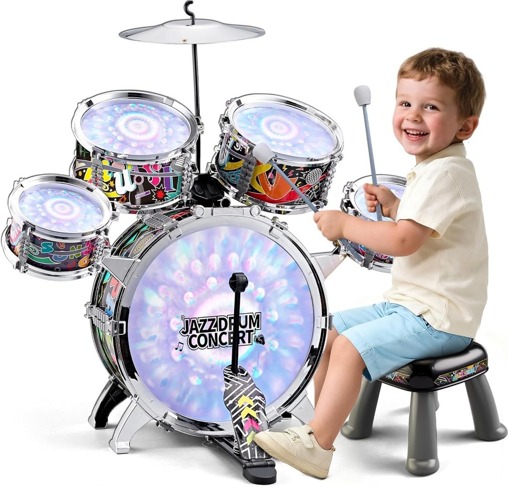 Kids Drum Set W/ Light W/ 5 Piece High Mini Musical Jazz Drum Kit ,Percussion
