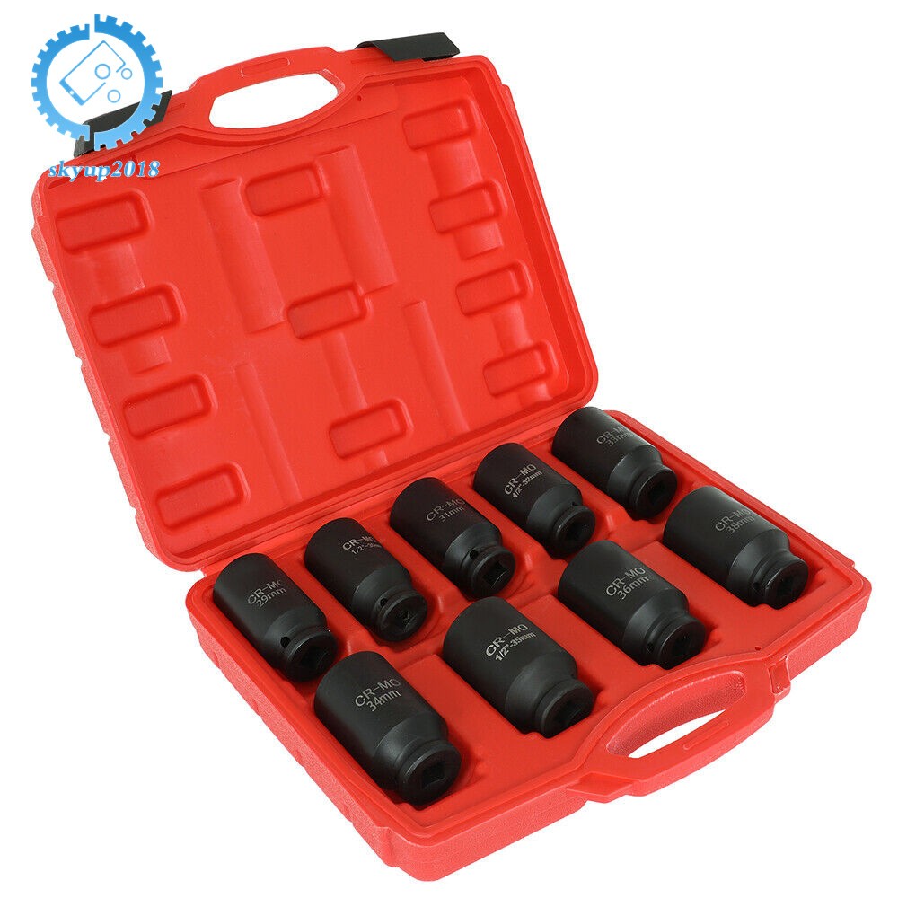 9pcs 29-38mm 1/2" Drive Metric Axle Hub Nut Socket Deep Impact Socket Tool Kit