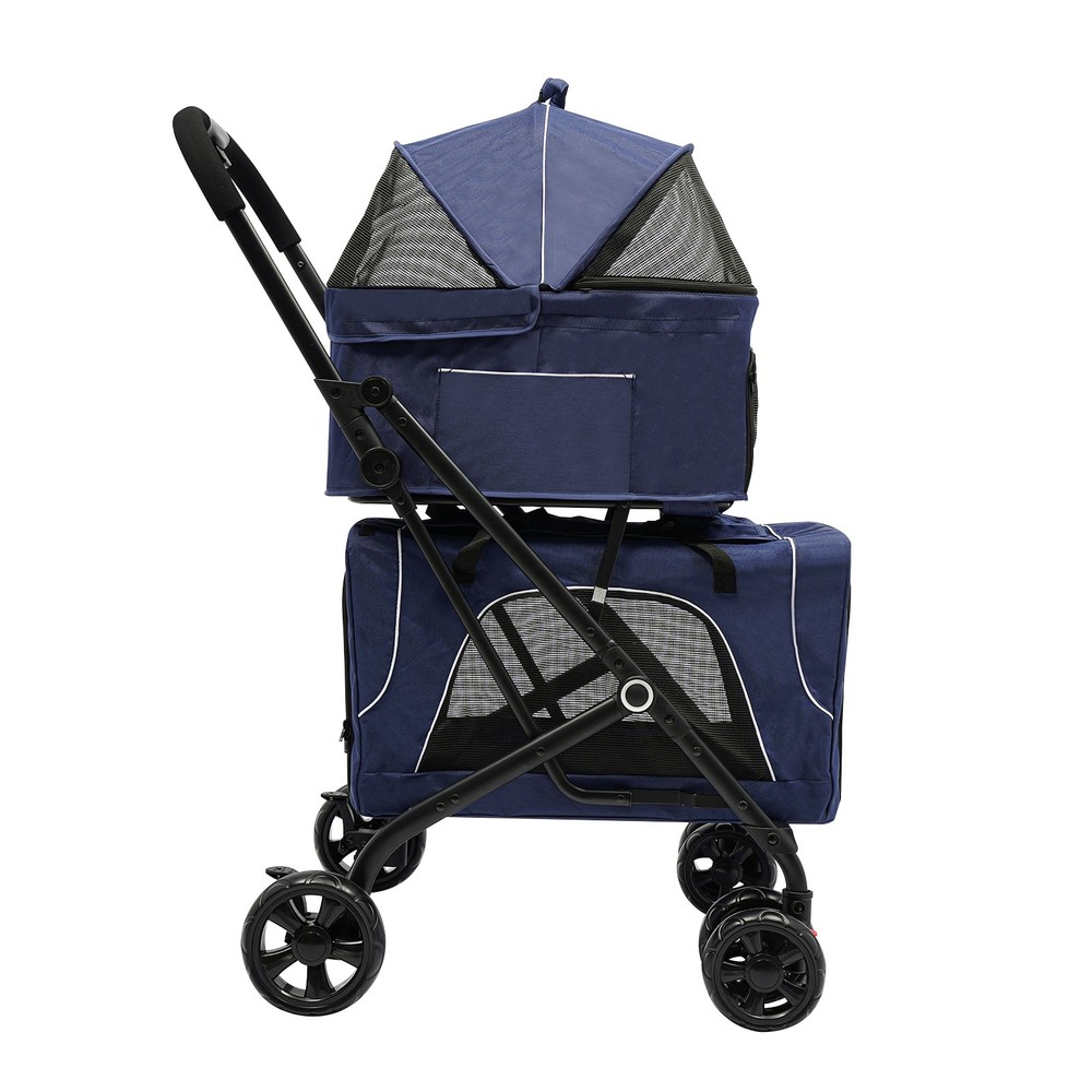 Modern Blue Double Pet Stroller, Dog Cat Carrying Cart, Foldable Pet Stroller