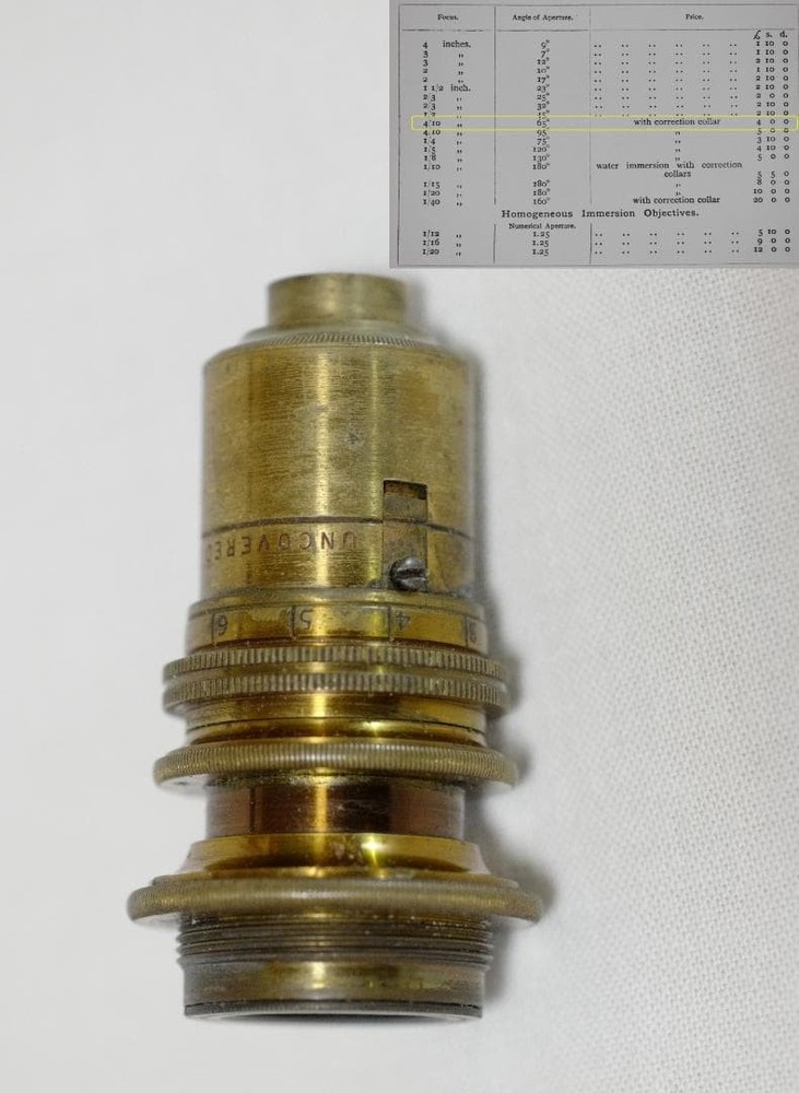 microscope antique Beck's 4/10-in Correction Device-Equipped Objective Lens 1865