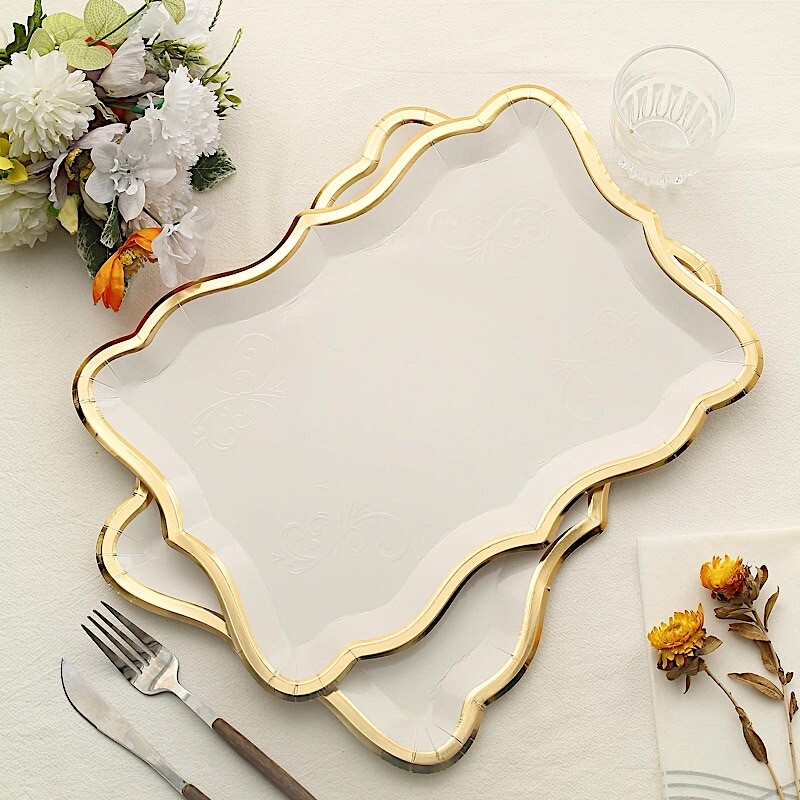 WHITE 10 Rectangle 14" Paper SERVING TRAYS Scroll Design Gold Rim Party Events