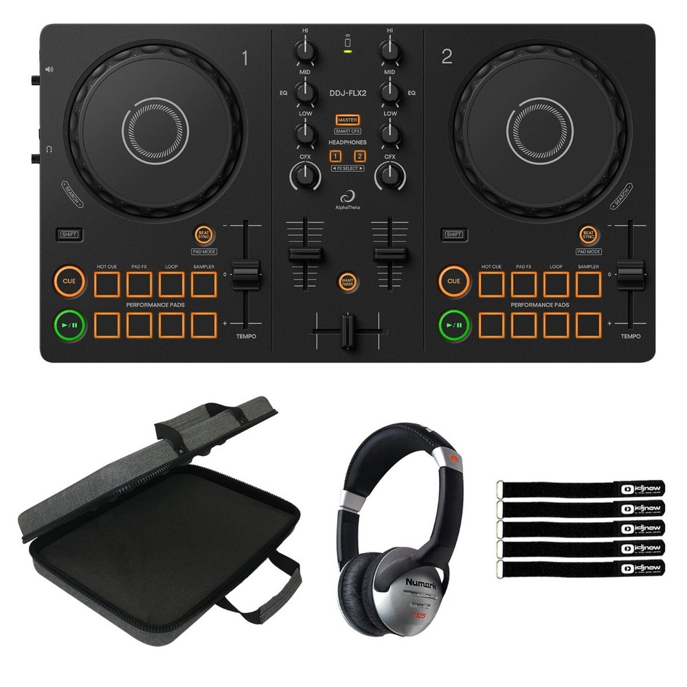 AlphaTheta DDJ-FLX2 Compact Beginner 2-Channel DJ Controller, Case & Headphones