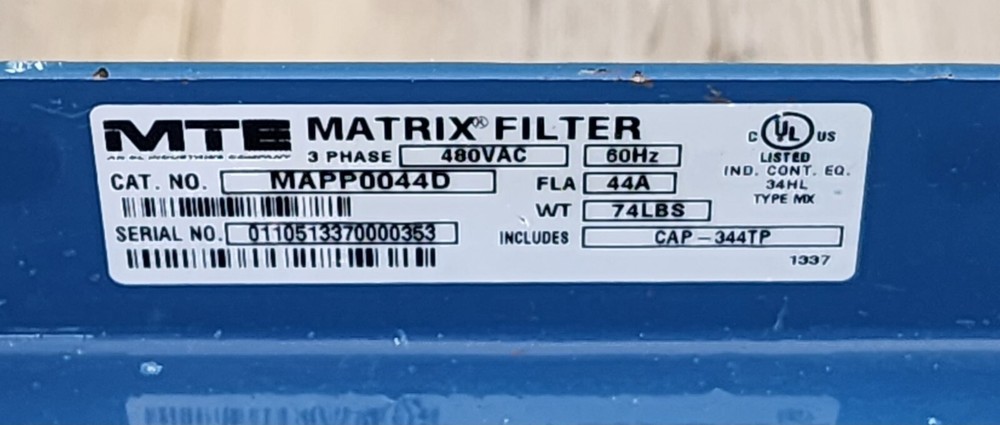 MTE MAPP0044D Matrix AP Harmonic Filter 480V 44A 480v w Cap Used